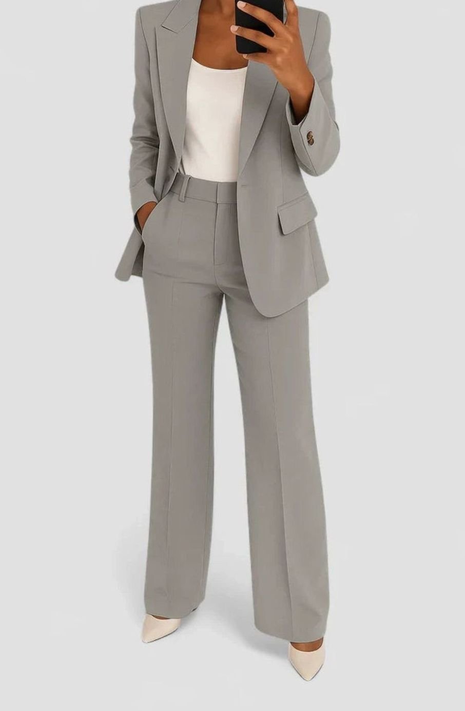 Women's Elegant Tailored Wide-Leg Two-Piece Blazer Suit Set for Work - Gray