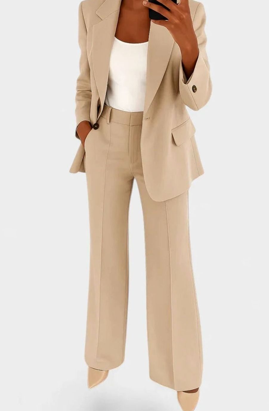 Women's Elegant Tailored Wide-Leg Two-Piece Blazer Suit Set for Work - Beige