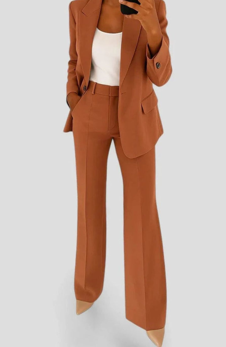 Women's Elegant Tailored Wide-Leg Two-Piece Blazer Suit Set for Work - Brown