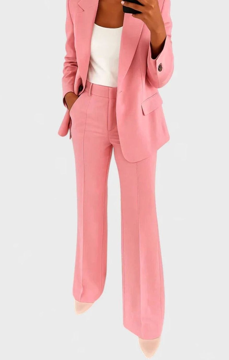 Women's Elegant Tailored Wide-Leg Two-Piece Blazer Suit Set for Work - Pink