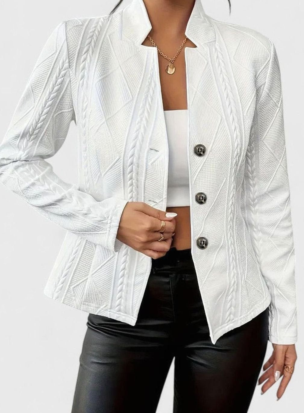 Women's Elegant Textured Button-Front Structured Jacket - White