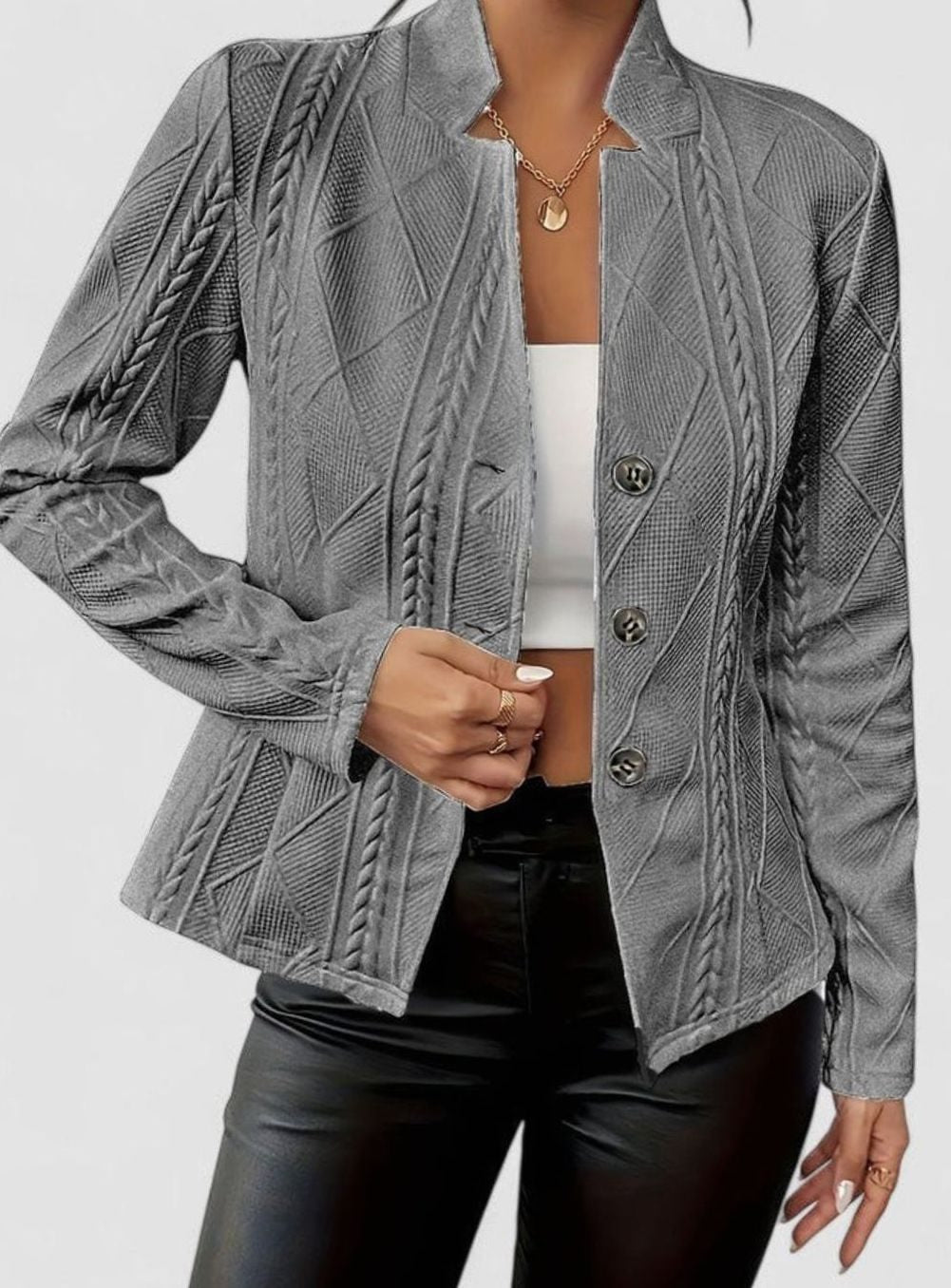Women's Elegant Textured Button-Front Structured Jacket - Gray