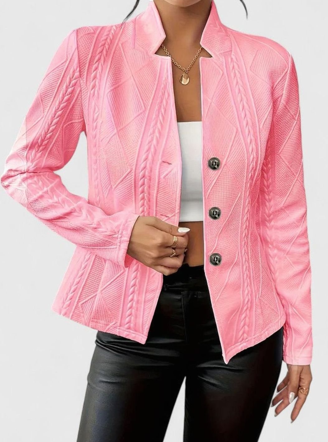 Women's Elegant Textured Button-Front Structured Jacket - Pink
