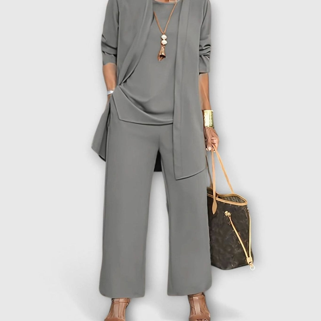 Women's Elegant Three-Piece Set Wide-Leg Pants Cardigan Top Outfit - Gray