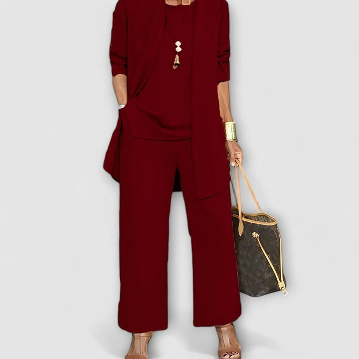 Women's Elegant Three-Piece Set Wide-Leg Pants Cardigan Top Outfit - Red