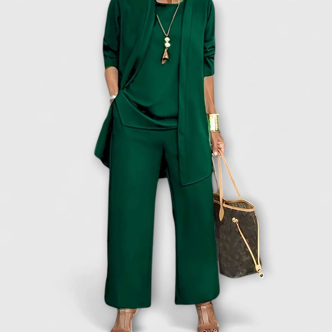 Women's Elegant Three-Piece Set Wide-Leg Pants Cardigan Top Outfit - Green