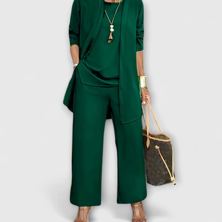 Women's Elegant Three-Piece Set Wide-Leg Pants Cardigan Top Outfit - Green