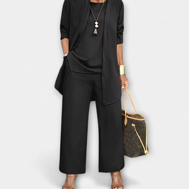 Women's Elegant Three-Piece Set Wide-Leg Pants Cardigan Top Outfit - Black