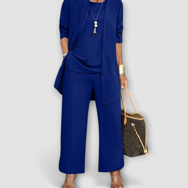 Women's Elegant Three-Piece Set Wide-Leg Pants Cardigan Top Outfit - Blue