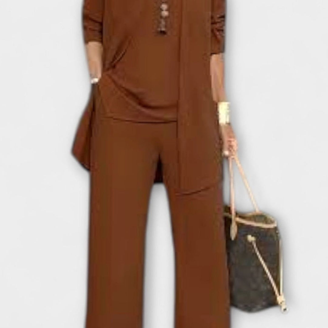 Women's Elegant Three-Piece Set Wide-Leg Pants Cardigan Top Outfit - Dark Brown