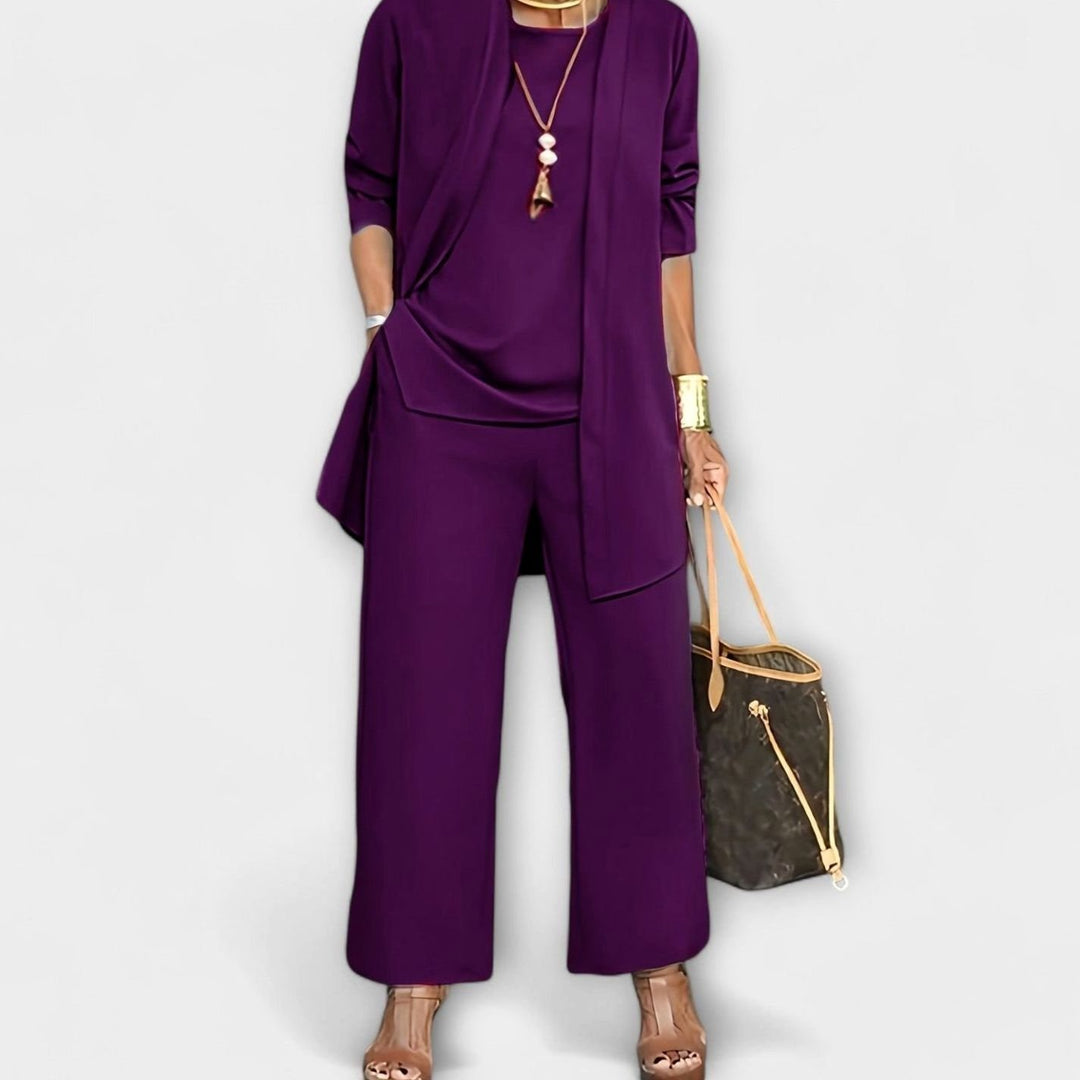 Women's Elegant Three-Piece Set Wide-Leg Pants Cardigan Top Outfit - Purple