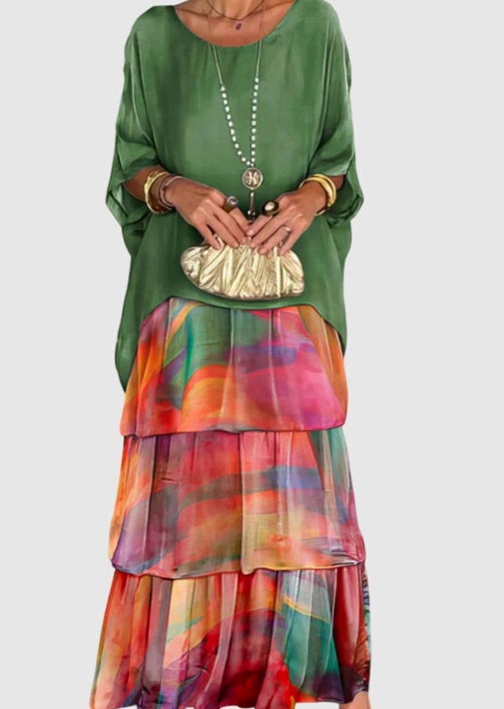Women's Elegant Tiered Maxi Dress Flowing Batwing Sleeve