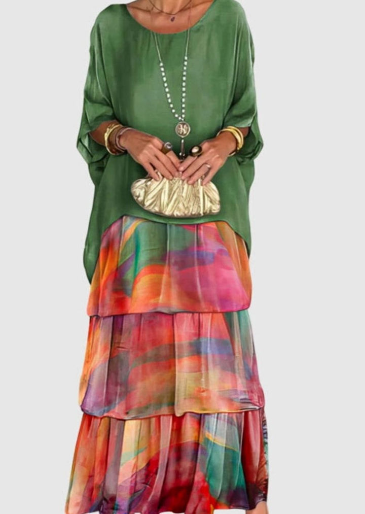 Women's Elegant Tiered Maxi Dress Flowing Batwing Sleeve