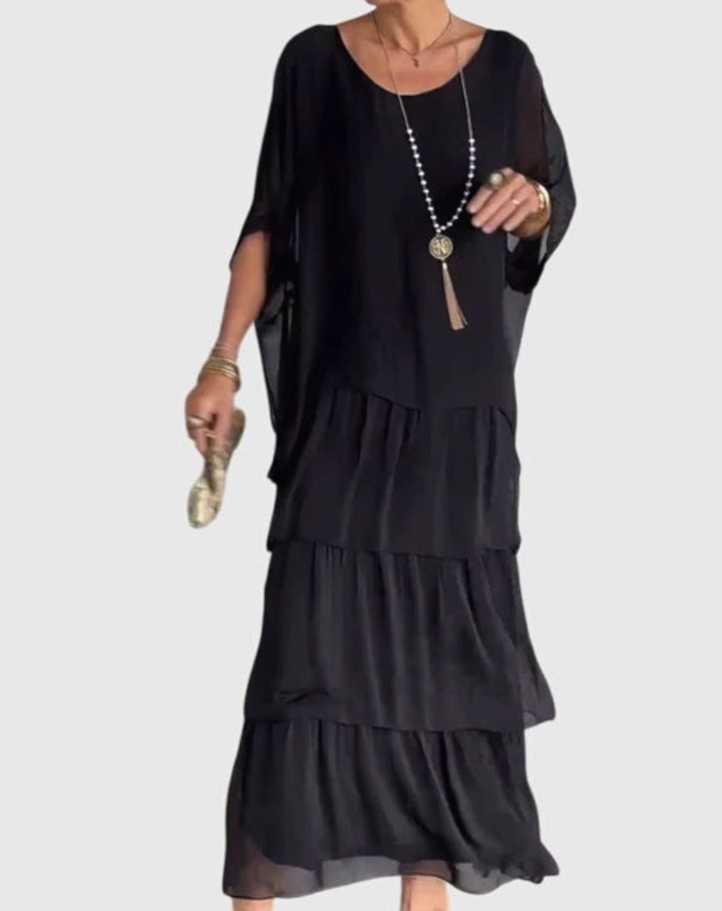 Women's Elegant Tiered Maxi Dress Flowing Batwing Sleeve - Black