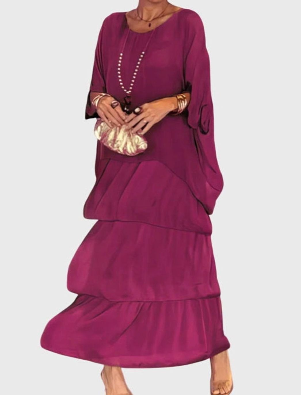 Women's Elegant Tiered Maxi Dress Flowing Batwing Sleeve - Pink-Violet