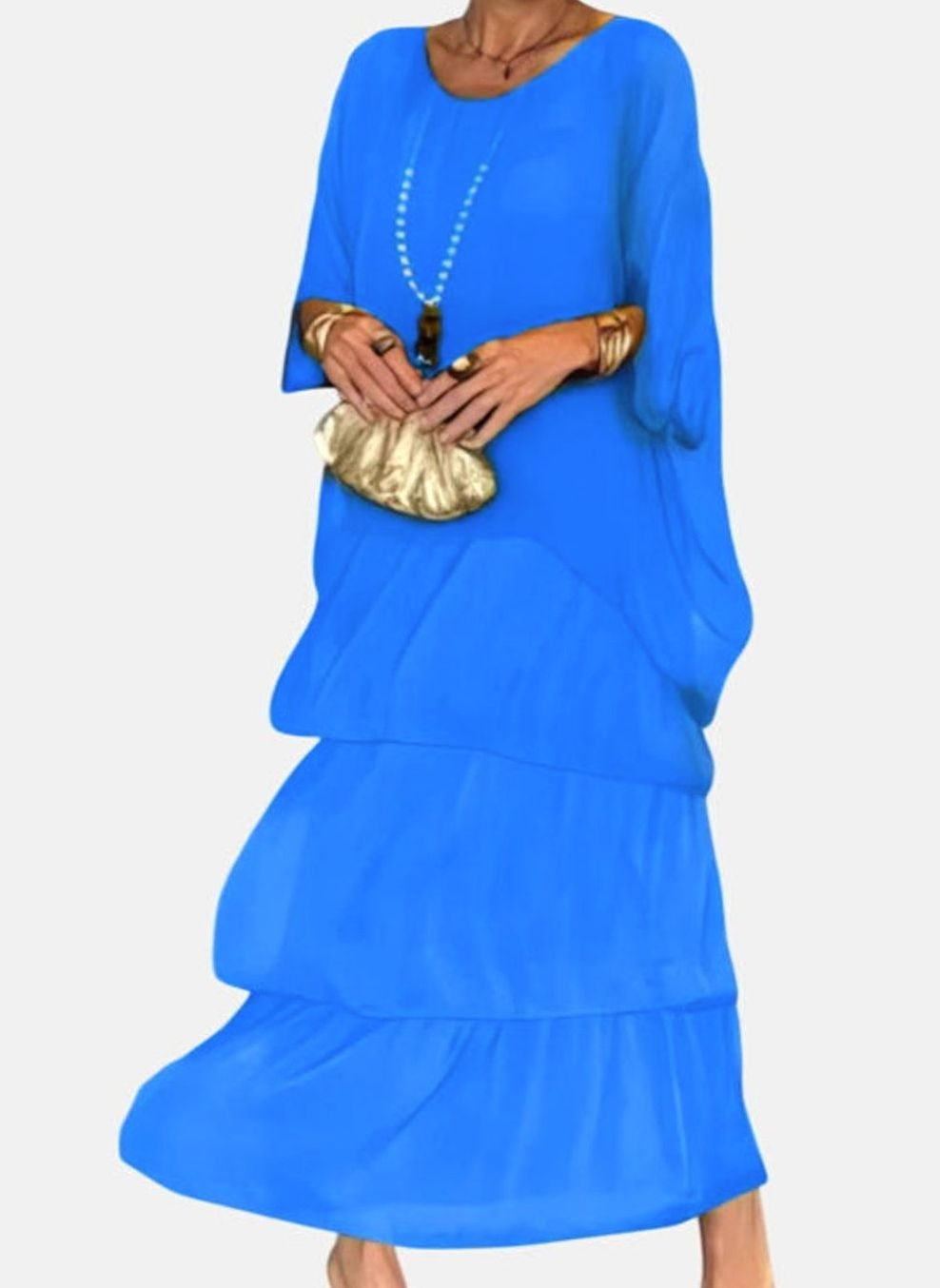 Women's Elegant Tiered Maxi Dress Flowing Batwing Sleeve