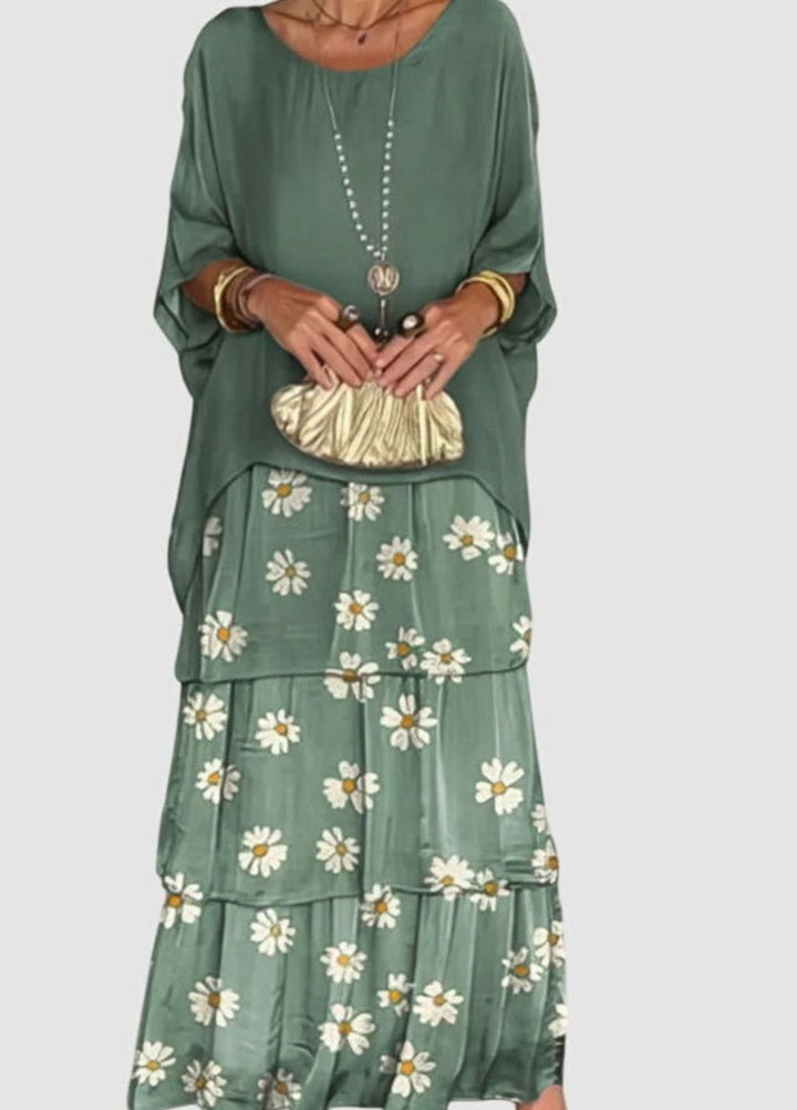 Women's Elegant Tiered Maxi Dress Flowing Batwing Sleeve
