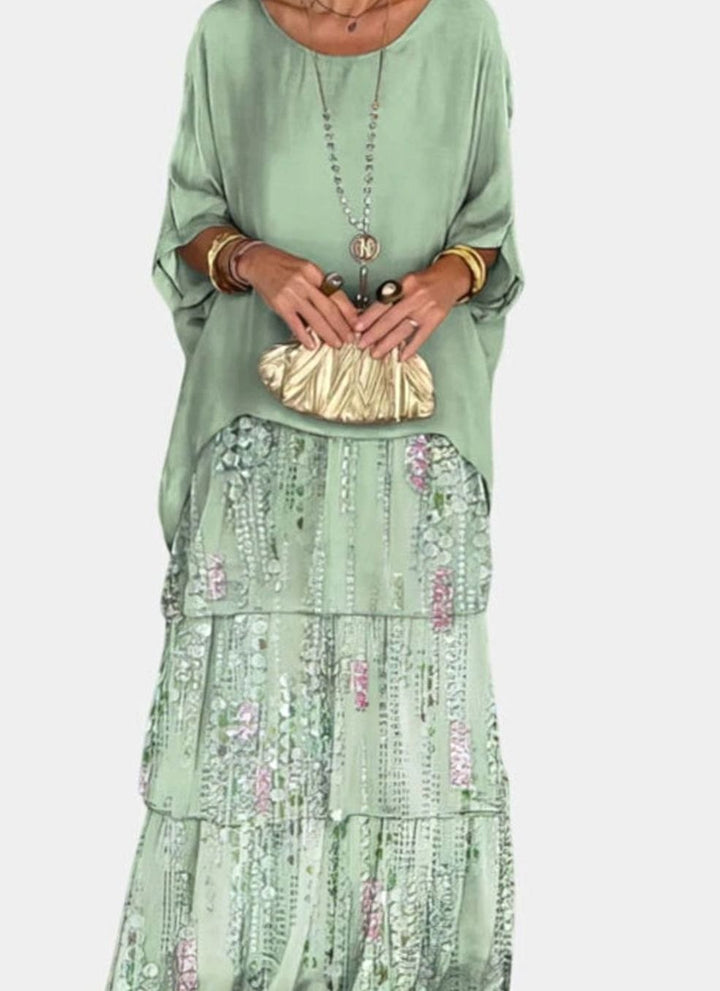 Women's Elegant Tiered Maxi Dress Flowing Batwing Sleeve - Faded Green
