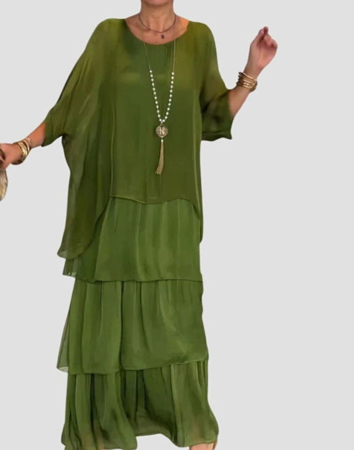 Women's Elegant Tiered Maxi Dress Flowing Batwing Sleeve - Dark Green