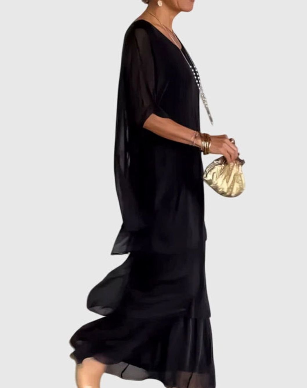 Women's Elegant Tiered Maxi Dress Flowing Batwing Sleeve
