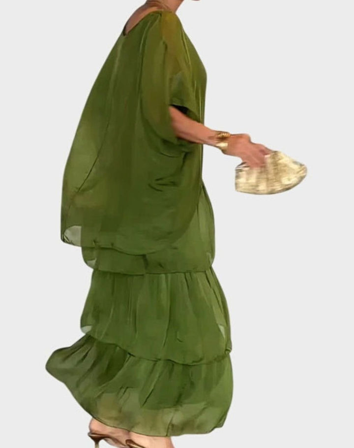 Women's Elegant Tiered Maxi Dress Flowing Batwing Sleeve