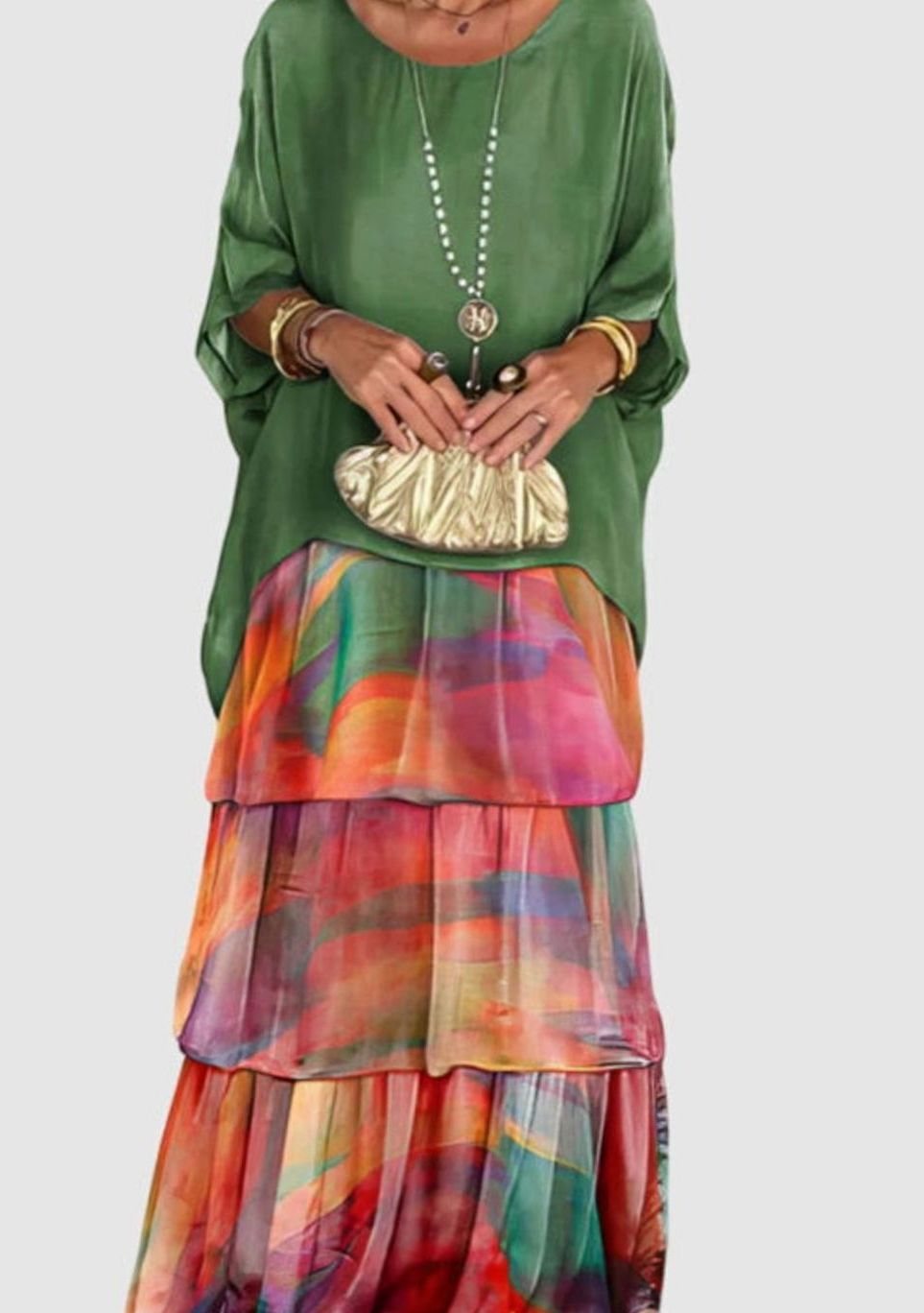 Women's Elegant Tiered Maxi Dress Flowing Batwing Sleeve - Multicolor
