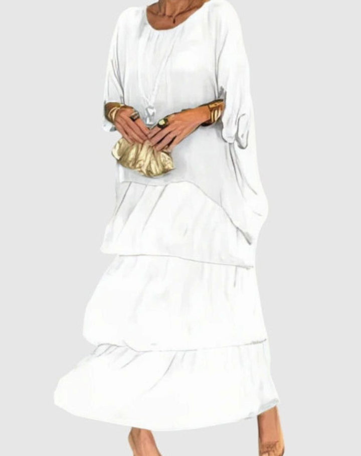 Women's Elegant Tiered Maxi Dress Flowing Batwing Sleeve - White