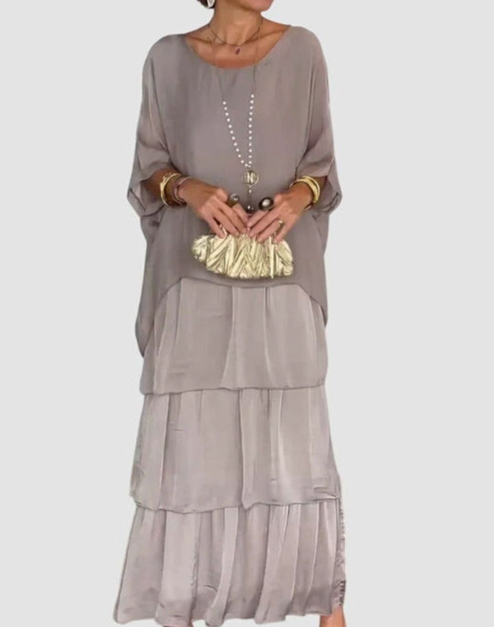 Women's Elegant Tiered Maxi Dress Flowing Batwing Sleeve - Gray