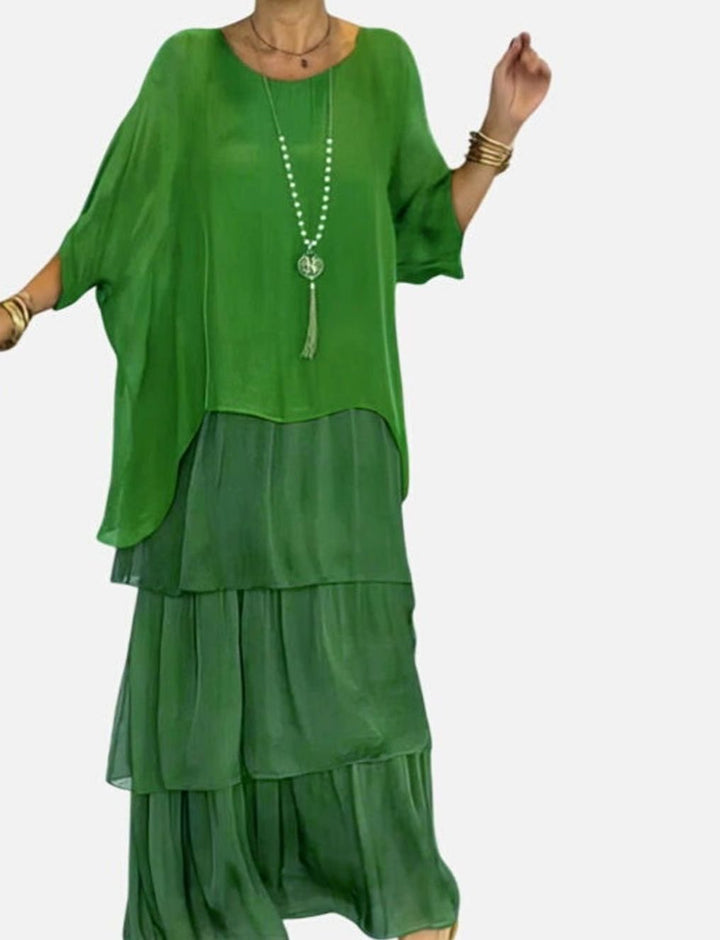 Women's Elegant Tiered Maxi Dress Flowing Batwing Sleeve
