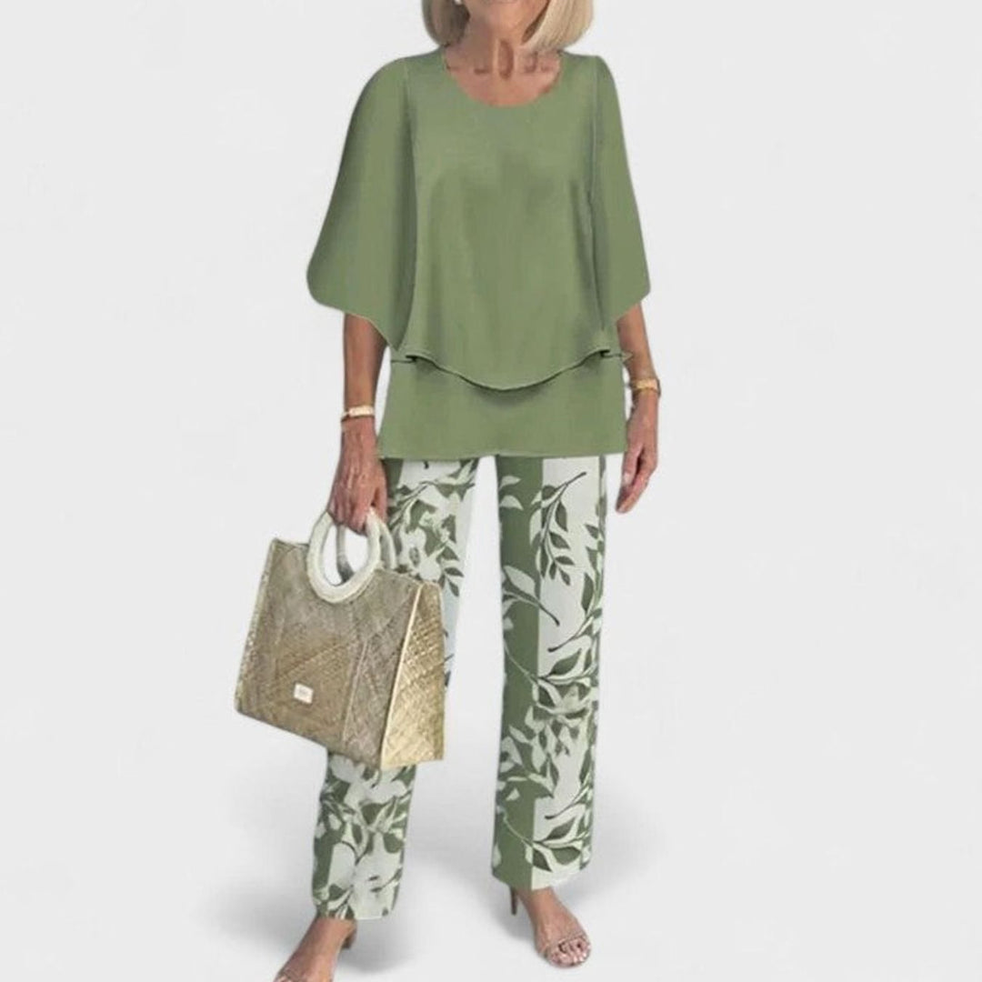 Women's Elegant Two-Piece Layered Top Floral Pants Set - Green