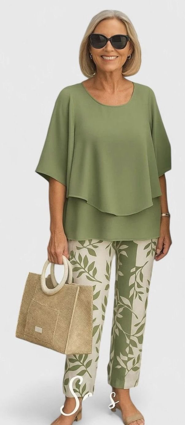 Women's Elegant Two-Piece Layered Top Floral Pants Set