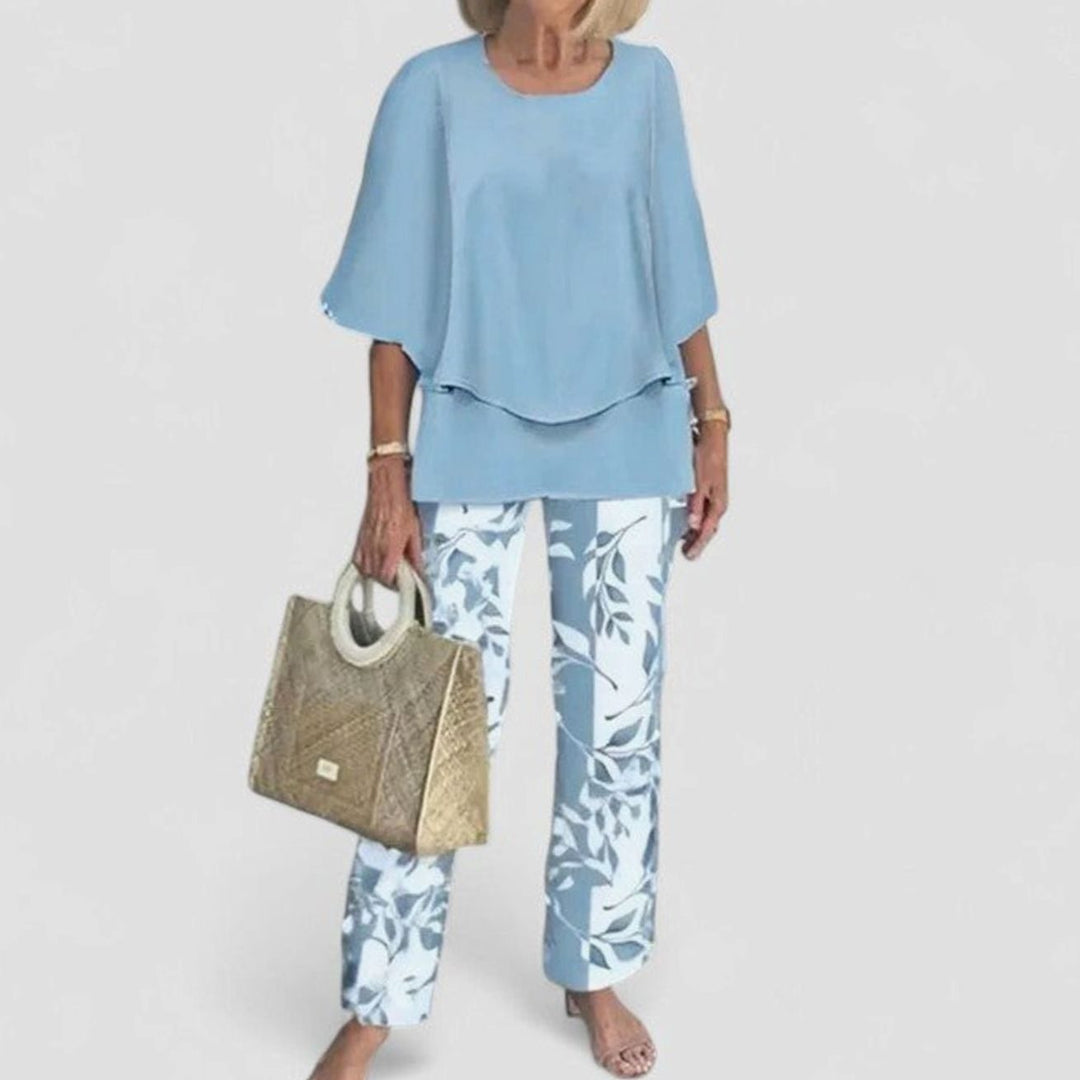 Women's Elegant Two-Piece Layered Top Floral Pants Set - Blue White