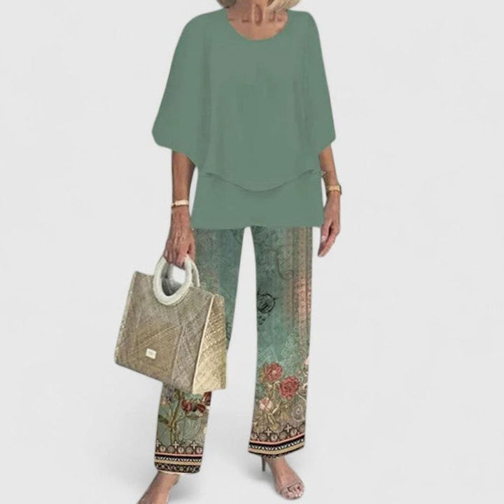 Women's Elegant Two-Piece Layered Top Floral Pants Set - Dark Green