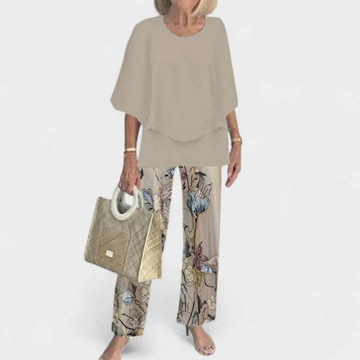 Women's Elegant Two-Piece Layered Top Floral Pants Set - Khaki
