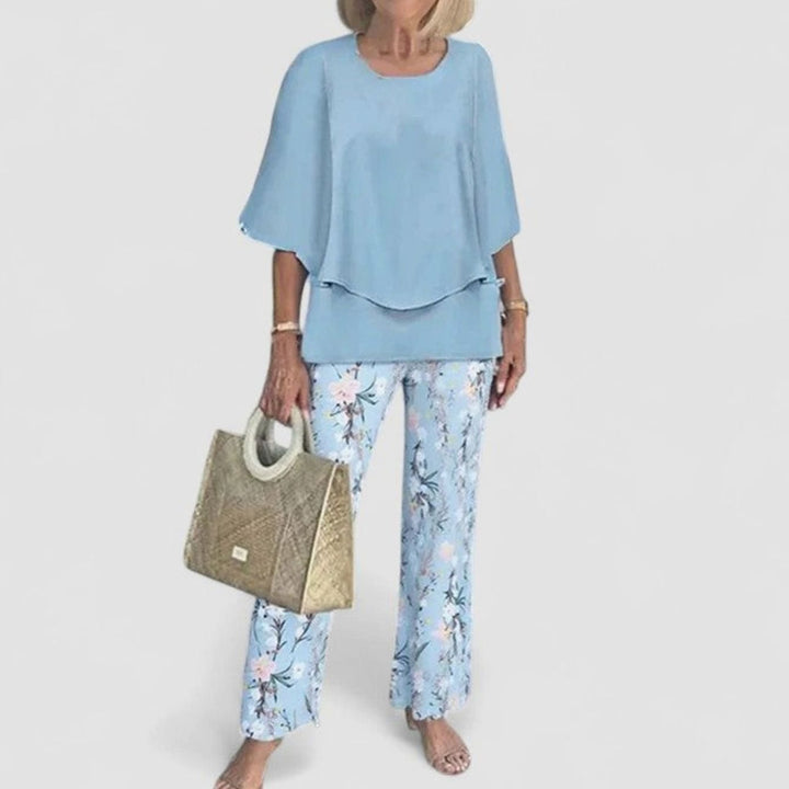 Women's Elegant Two-Piece Layered Top Floral Pants Set - Blue