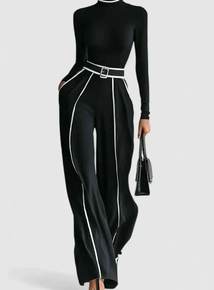Women's Elegant Two-Piece Turtleneck Wide-Leg Pants Set - Black