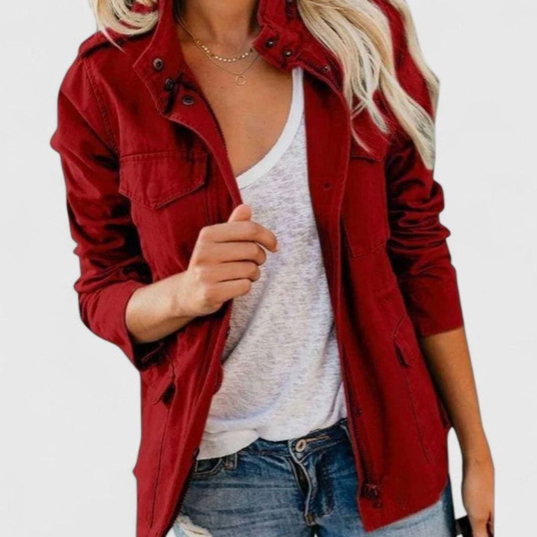 Women's Elegant Utility Zip-Up Structured Jacket - Red