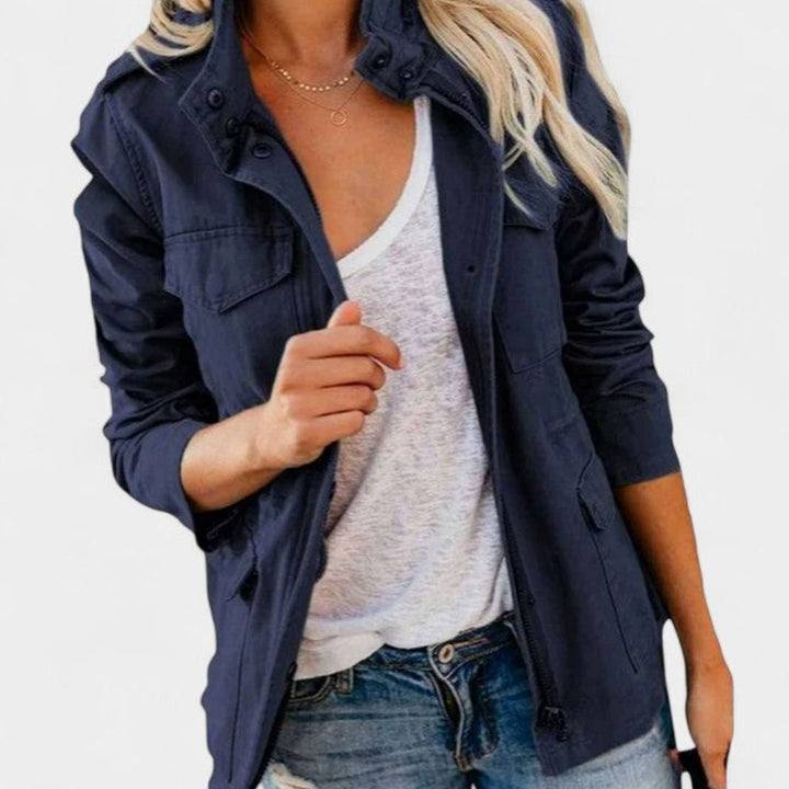 Women's Elegant Utility Zip-Up Structured Jacket - Navy Blue