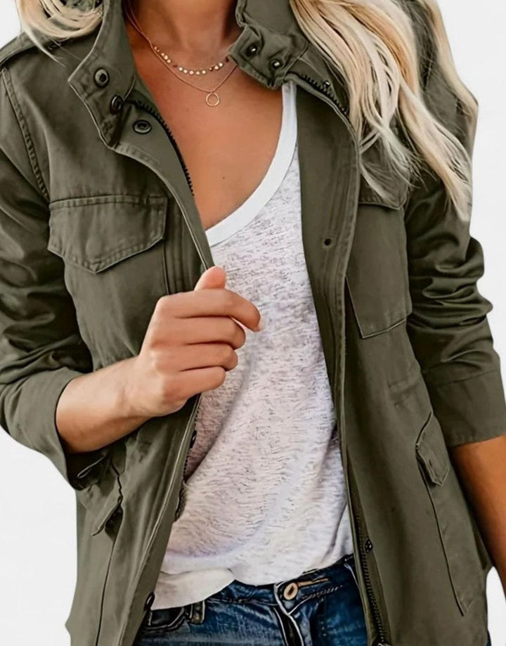Women's Elegant Utility Zip-Up Structured Jacket - Green