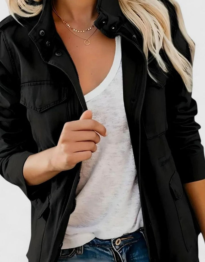 Women's Elegant Utility Zip-Up Structured Jacket - Black