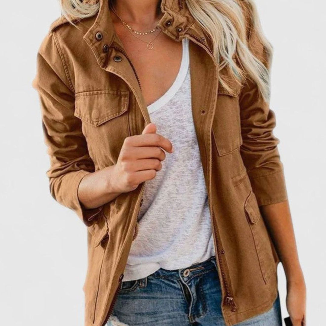 Women's Elegant Utility Zip-Up Structured Jacket - Khaki