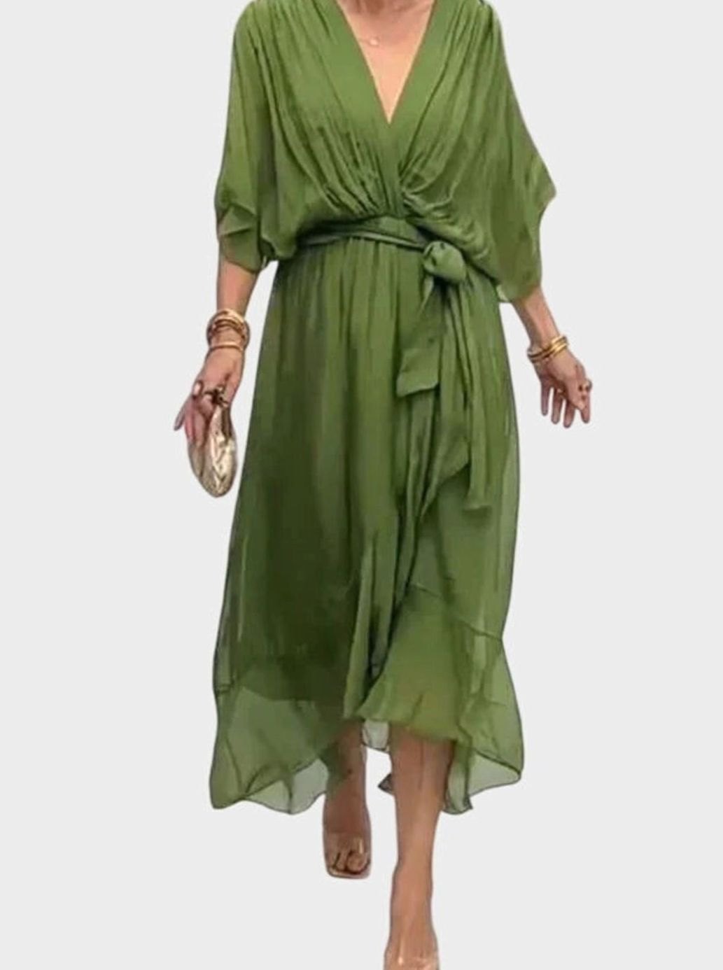 Women's Elegant V-Neck Batwing-Sleeve Belted Midi Dress - Green
