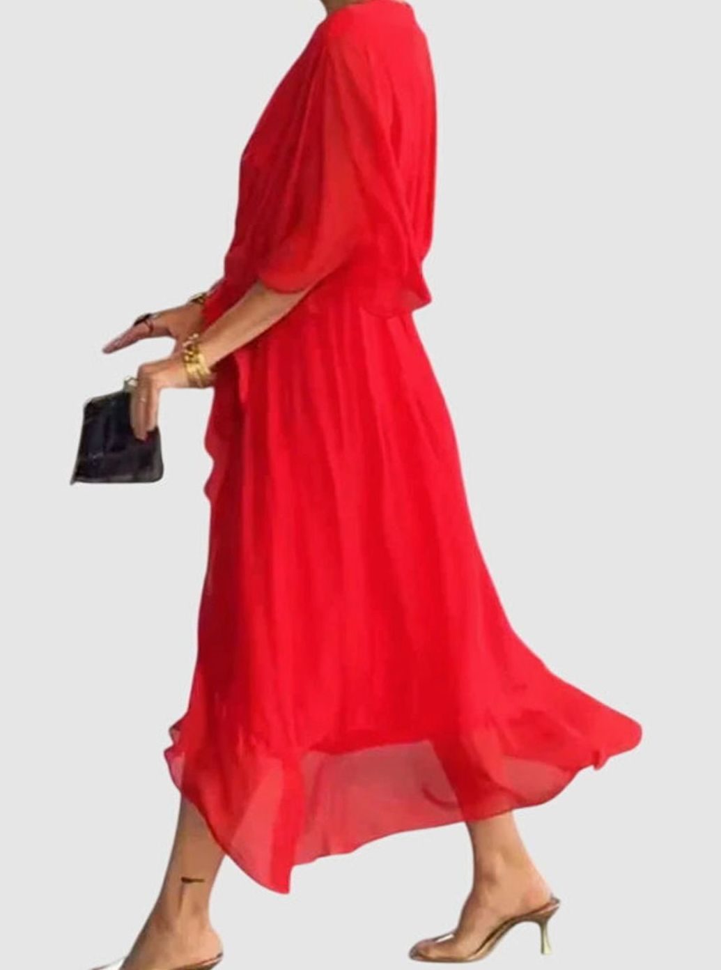 Women's Elegant V-Neck Batwing-Sleeve Belted Midi Dress