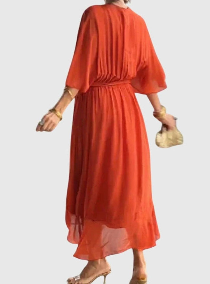 Women's Elegant V-Neck Batwing-Sleeve Belted Midi Dress