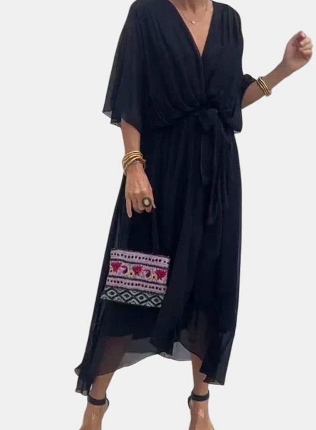 Women's Elegant V-Neck Batwing-Sleeve Belted Midi Dress - Black