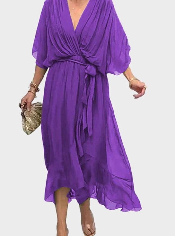 Women's Elegant V-Neck Batwing-Sleeve Belted Midi Dress - Purple