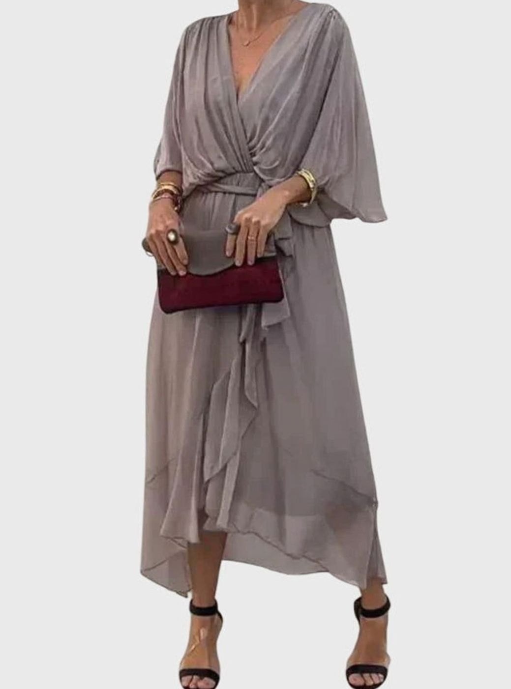 Women's Elegant V-Neck Batwing-Sleeve Belted Midi Dress - Gray