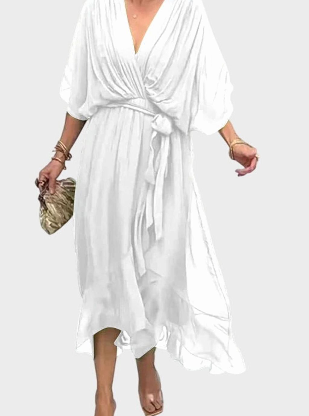 Women's Elegant V-Neck Batwing-Sleeve Belted Midi Dress - White