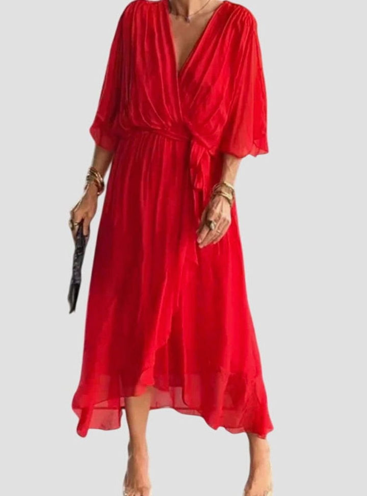 Women's Elegant V-Neck Batwing-Sleeve Belted Midi Dress - Red