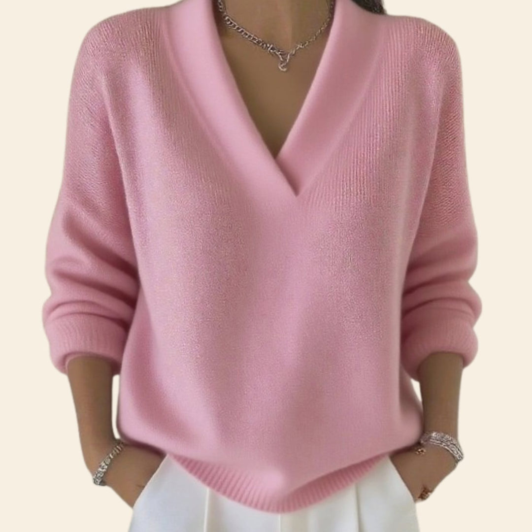 Women's Elegant V-Neck Relaxed-Fit Knit Sweater - Pink